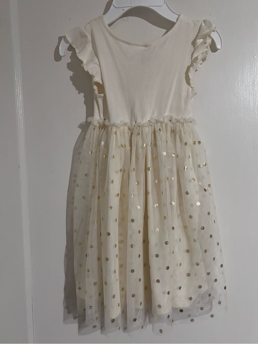 Cream Tulle Dress with Gold Polka Dot Skirt for Girls